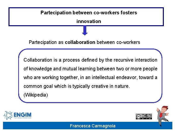 Partecipation between co-workers fosters innovation Partecipation as collaboration between co-workers Collaboration is a process