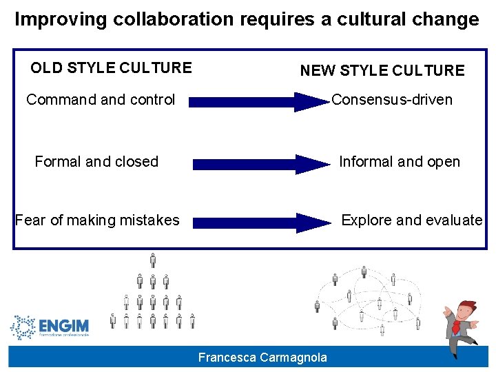 Improving collaboration requires a cultural change OLD STYLE CULTURE NEW STYLE CULTURE Command control