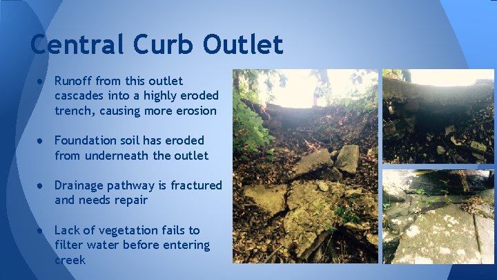 Central Curb Outlet ● Runoff from this outlet cascades into a highly eroded trench,