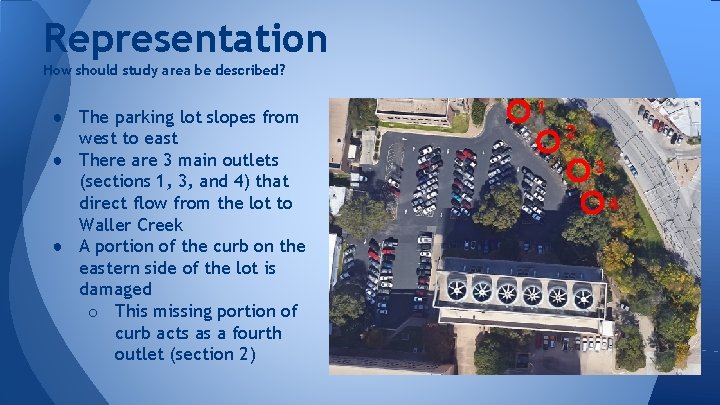 Representation How should study area be described? ● The parking lot slopes from west