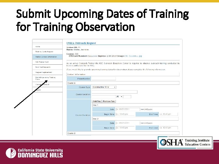Submit Upcoming Dates of Training for Training Observation 