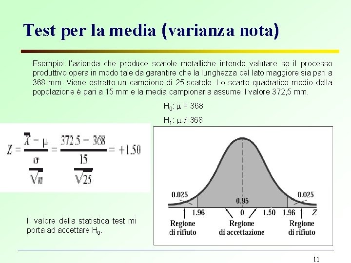 Test per la media (varianza nota) Esempio: l’azienda che produce scatole metalliche intende valutare