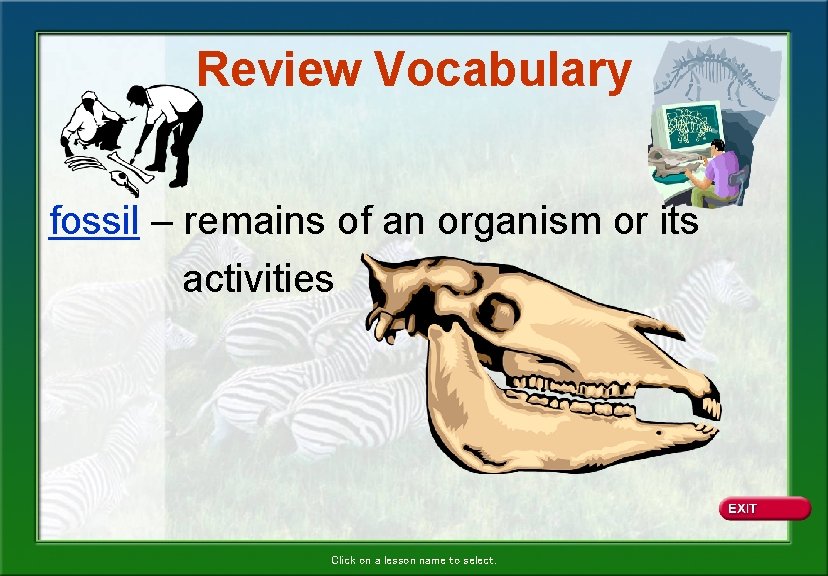 Review Vocabulary fossil – remains of an organism or its activities Click on a