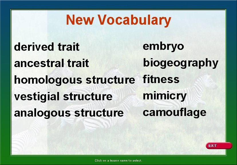 New Vocabulary derived trait ancestral trait homologous structure vestigial structure analogous structure Click on