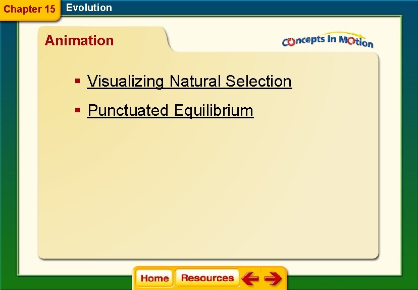 Chapter 15 Evolution Animation § Visualizing Natural Selection § Punctuated Equilibrium 