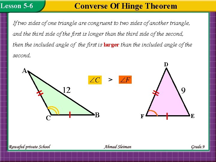 Converse Of Hinge Theorem Lesson 5 -6 If two sides of one triangle are