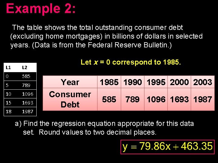 Example 2: The table shows the total outstanding consumer debt (excluding home mortgages) in