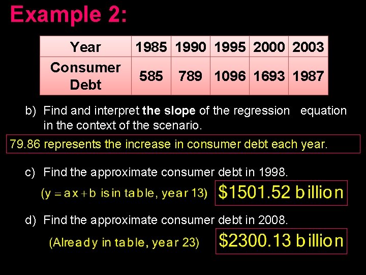 Example 2: Year Consumer Debt 1985 1990 1995 2000 2003 585 789 1096 1693