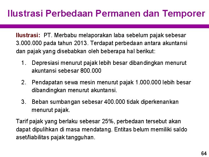 Ilustrasi Perbedaan Permanen dan Temporer Ilustrasi: PT. Merbabu melaporakan laba sebelum pajak sebesar 3.