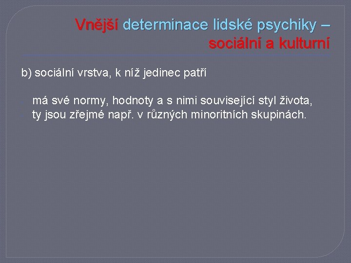 Vnější determinace lidské psychiky – sociální a kulturní b) sociální vrstva, k níž jedinec