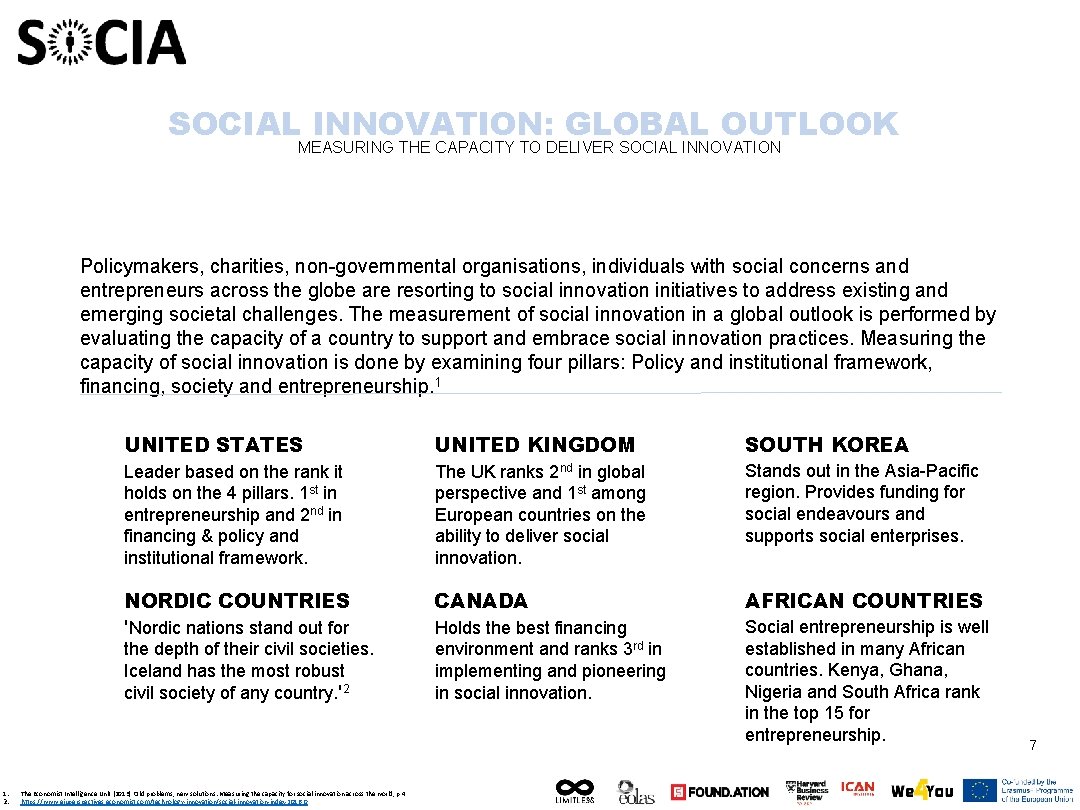 SOCIAL INNOVATION: GLOBAL OUTLOOK MEASURING THE CAPACITY TO DELIVER SOCIAL INNOVATION Policymakers, charities, non-governmental