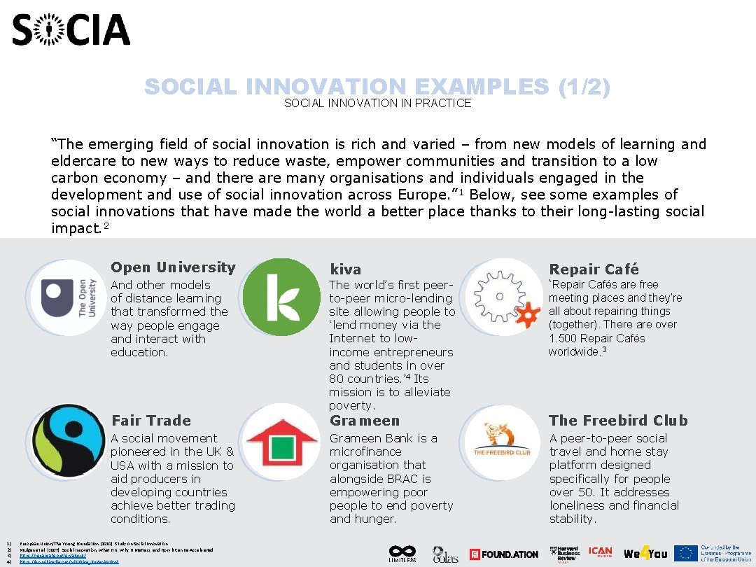 SOCIAL INNOVATION EXAMPLES (1/2) SOCIAL INNOVATION IN PRACTICE “The emerging field of social innovation