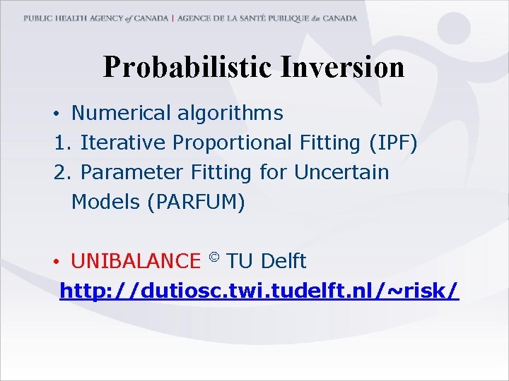 Probabilistic Inversion • Numerical algorithms 1. Iterative Proportional Fitting (IPF) 2. Parameter Fitting for