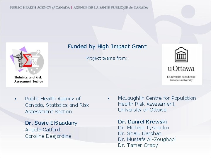 Funded by High Impact Grant Project teams from: • Public Health Agency of Canada,