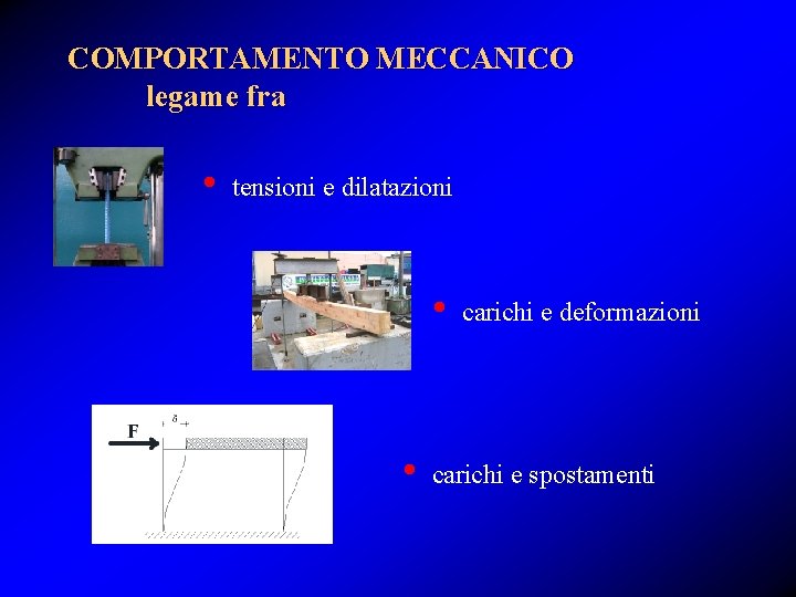 COMPORTAMENTO MECCANICO legame fra • tensioni e dilatazioni • • carichi e deformazioni carichi