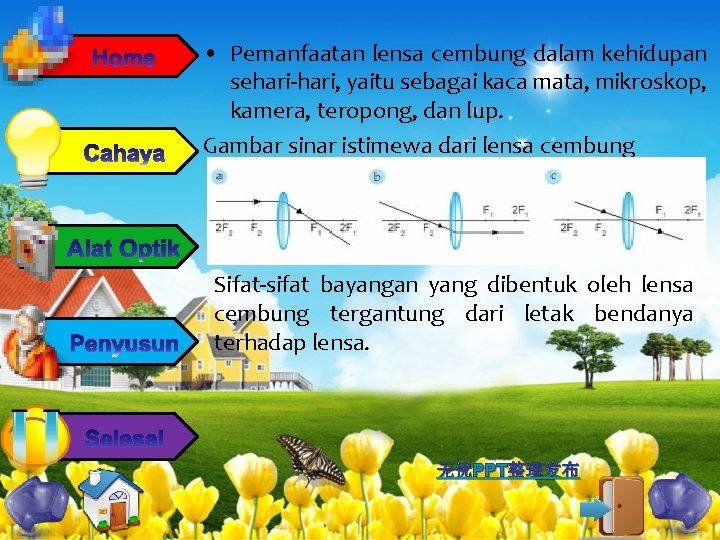  • Pemanfaatan lensa cembung dalam kehidupan sehari-hari, yaitu sebagai kaca mata, mikroskop, kamera,