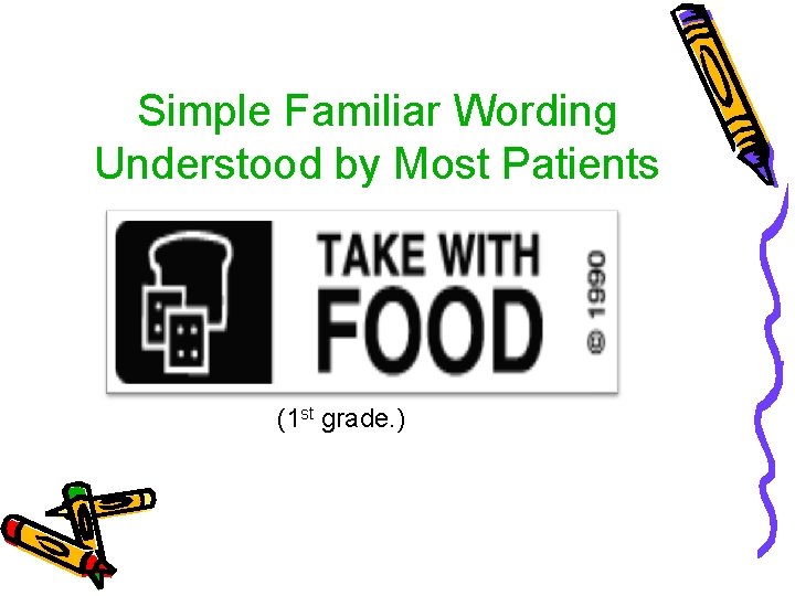 Simple Familiar Wording Understood by Most Patients 84% (1 st grade. ) Slide by