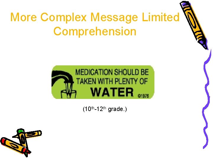More Complex Message Limited Comprehension 59% (10 th-12 th grade. ) Slide by Terry