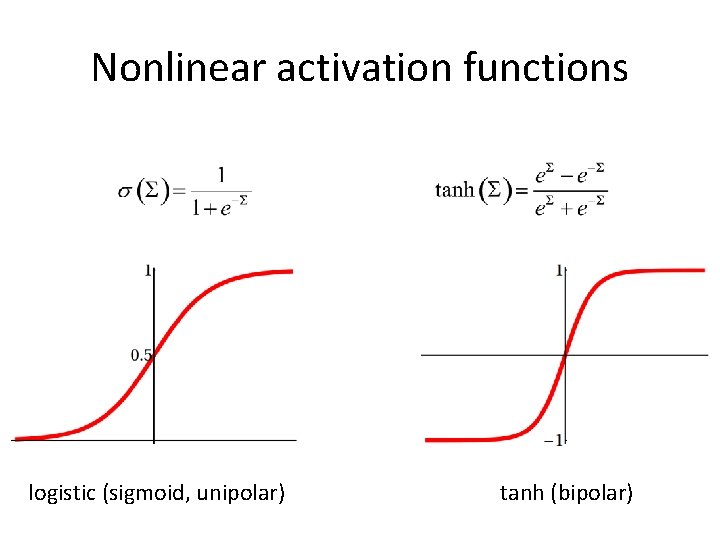 Nonlinear activation functions logistic (sigmoid, unipolar) tanh (bipolar) 