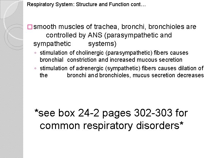 Respiratory System: Structure and Function cont… � smooth muscles of trachea, bronchioles are controlled