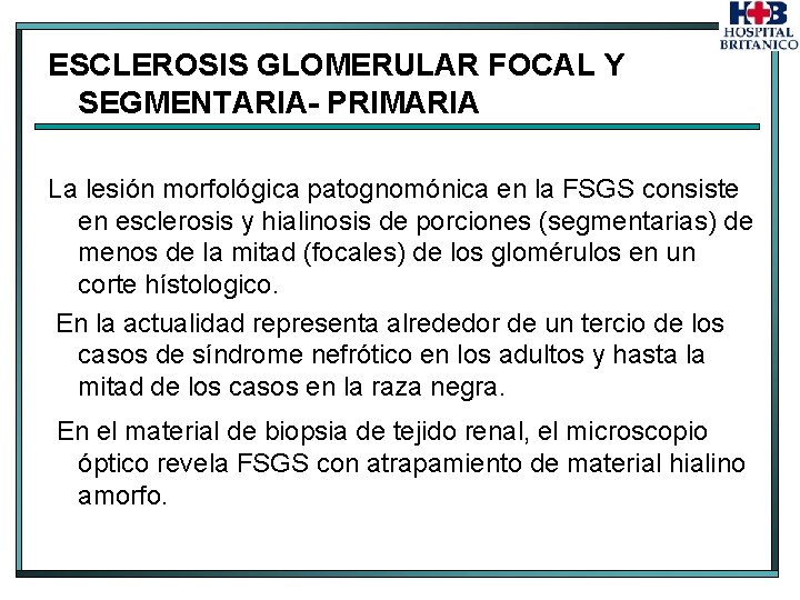 ESCLEROSIS GLOMERULAR FOCAL Y SEGMENTARIA- PRIMARIA La lesión morfológica patognomónica en la FSGS consiste