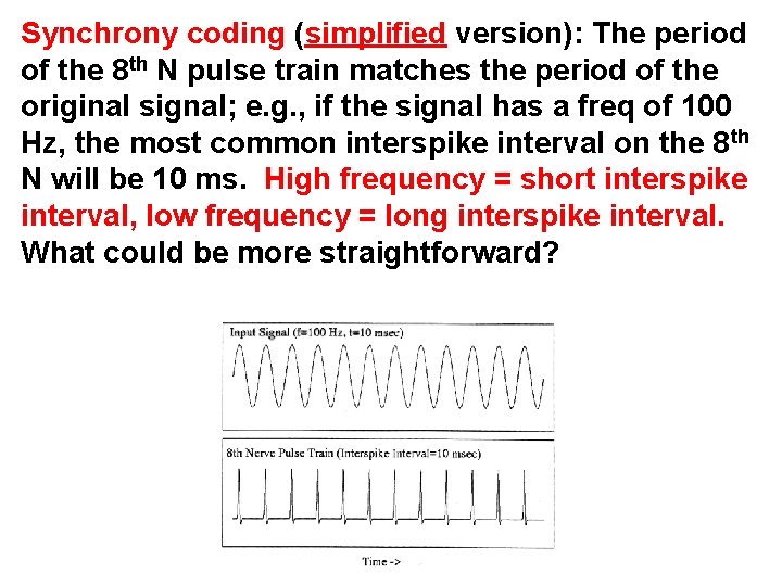 Synchrony coding (simplified version): The period of the 8 th N pulse train matches