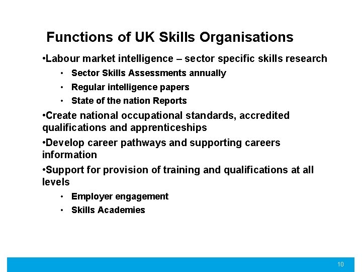 Functions of UK Skills Organisations • Labour market intelligence – sector specific skills research