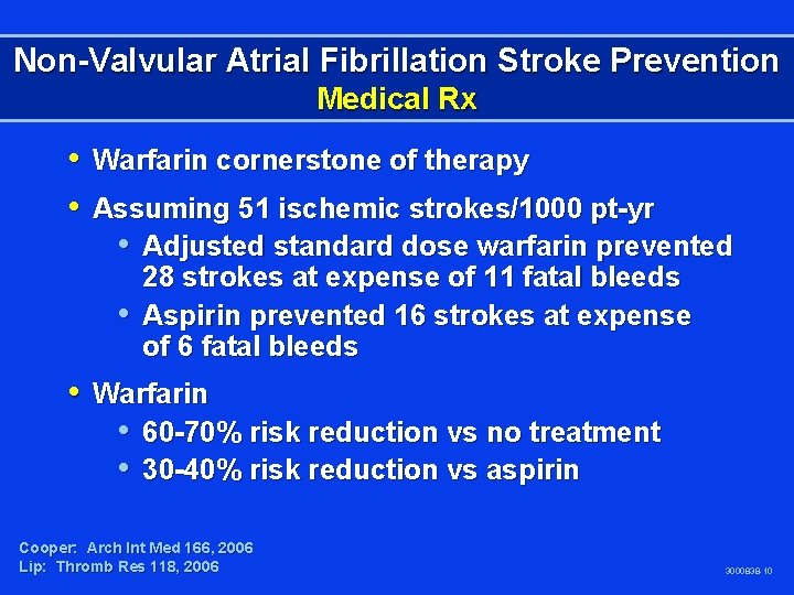 Non-Valvular Atrial Fibrillation Stroke Prevention Medical Rx • Warfarin cornerstone of therapy • Assuming