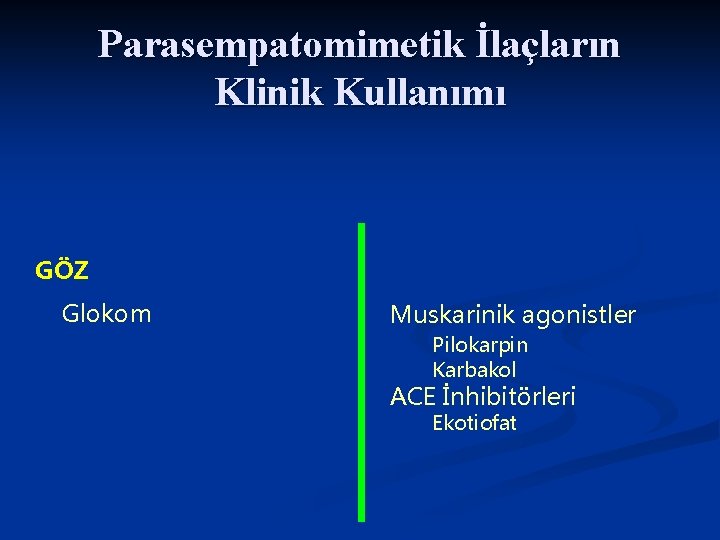 Parasempatomimetik İlaçların Klinik Kullanımı GÖZ Glokom Muskarinik agonistler Pilokarpin Karbakol ACE İnhibitörleri Ekotiofat 