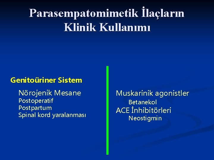 Parasempatomimetik İlaçların Klinik Kullanımı Genitoüriner Sistem Nörojenik Mesane Postoperatif Postpartum Spinal kord yaralanması Muskarinik