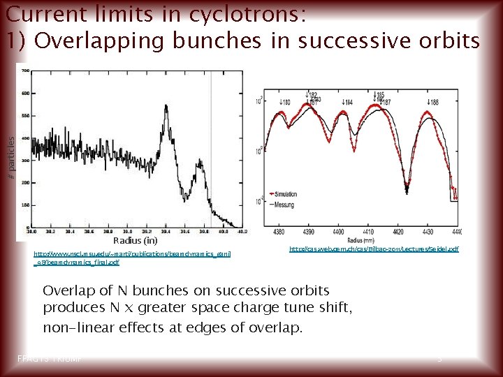 # particles Current limits in cyclotrons: 1) Overlapping bunches in successive orbits Radius (in)
