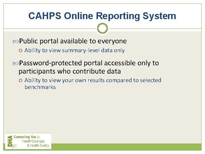 CAHPS Online Reporting System Public portal available to everyone Ability to view summary-level data