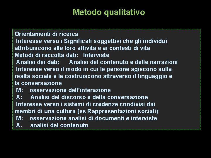Metodo qualitativo Orientamenti di ricerca Interesse verso i Significati soggettivi che gli individui attribuiscono