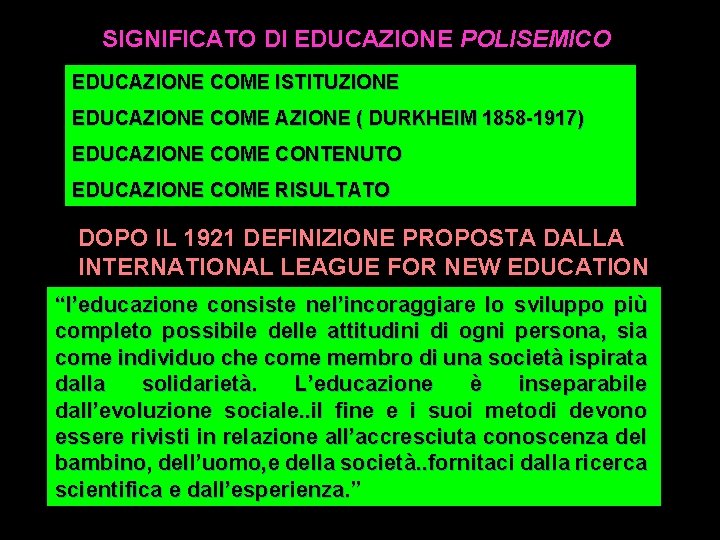  SIGNIFICATO DI EDUCAZIONE POLISEMICO EDUCAZIONE COME ISTITUZIONE EDUCAZIONE COME AZIONE ( DURKHEIM 1858