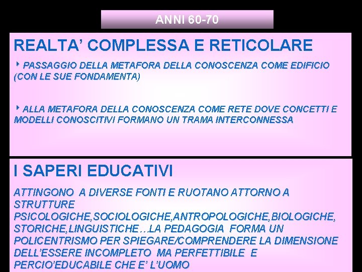 ANNI 60 -70 REALTA’ COMPLESSA E RETICOLARE 8 PASSAGGIO DELLA METAFORA DELLA CONOSCENZA COME