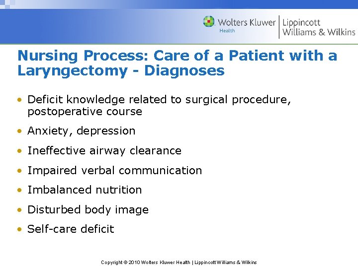 Nursing Process: Care of a Patient with a Laryngectomy - Diagnoses • Deficit knowledge