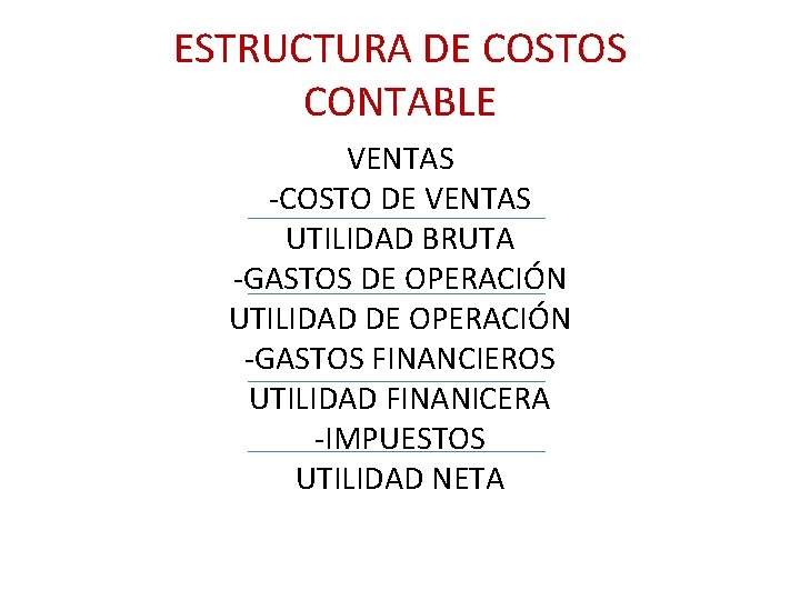 ESTRUCTURA DE COSTOS CONTABLE VENTAS -COSTO DE VENTAS UTILIDAD BRUTA -GASTOS DE OPERACIÓN UTILIDAD