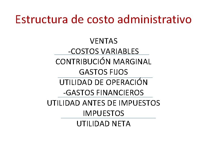 Estructura de costo administrativo VENTAS -COSTOS VARIABLES CONTRIBUCIÓN MARGINAL GASTOS FIJOS UTILIDAD DE OPERACIÓN