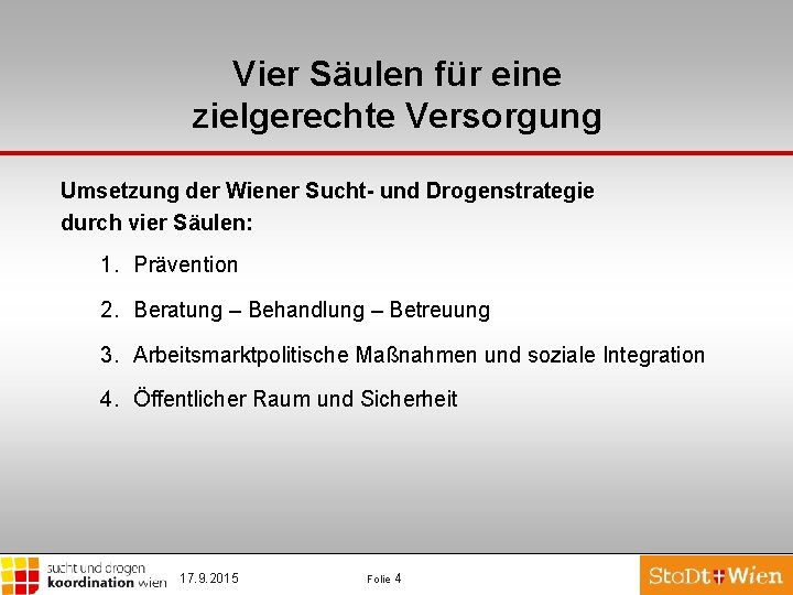 Vier Säulen für eine zielgerechte Versorgung Umsetzung der Wiener Sucht- und Drogenstrategie durch vier