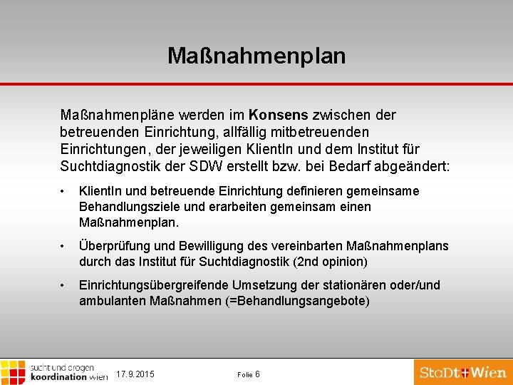 Maßnahmenplan Maßnahmenpläne werden im Konsens zwischen der betreuenden Einrichtung, allfällig mitbetreuenden Einrichtungen, der jeweiligen