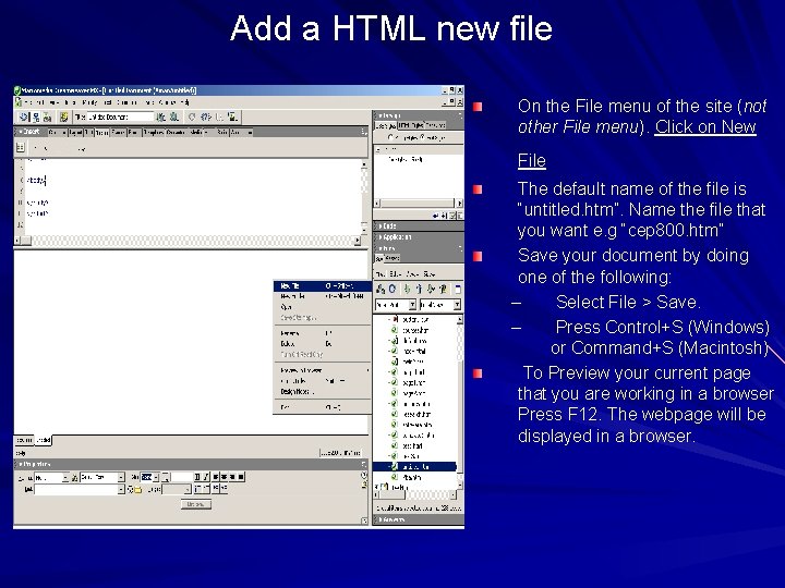 Add a HTML new file On the File menu of the site (not other Add a HTML new file On the File menu of the site (not other