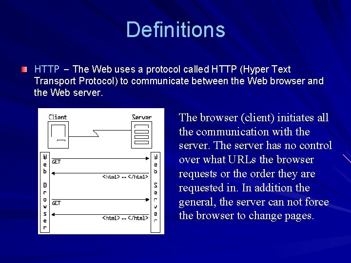 Definitions HTTP – The Web uses a protocol called HTTP (Hyper Text Transport Protocol) Definitions HTTP – The Web uses a protocol called HTTP (Hyper Text Transport Protocol)