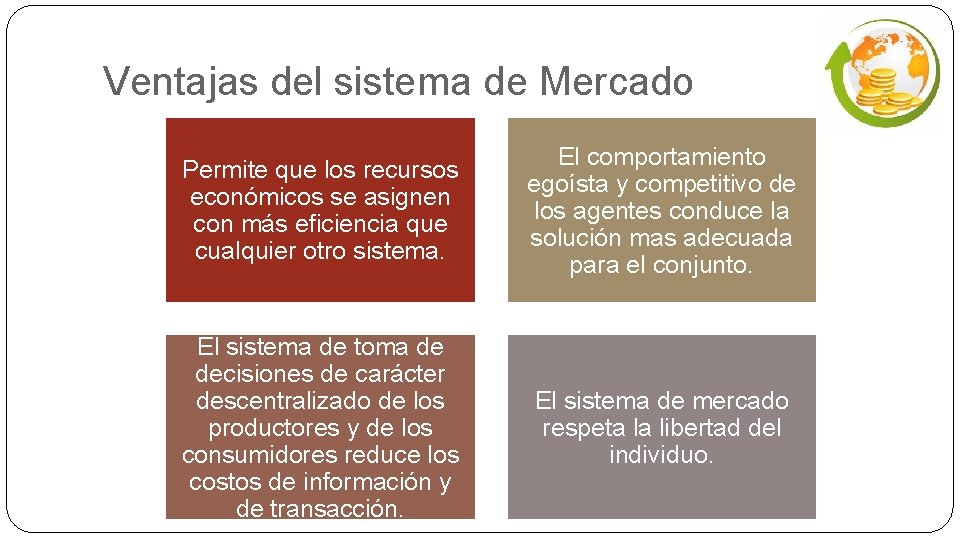 Ventajas del sistema de Mercado Permite que los recursos económicos se asignen con más