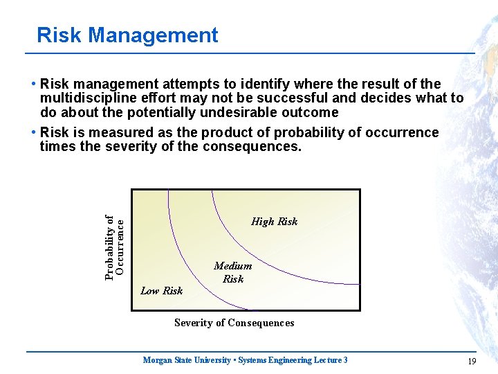 Risk Management Probability of Occurrence • Risk management attempts to identify where the result