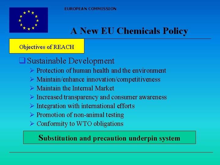 EUROPEAN COMMISSION A New EU Chemicals Policy Objectives of REACH q Sustainable Development Ø