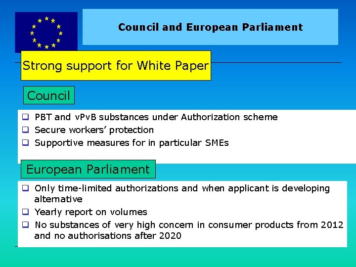 EUROPEAN COMMISSION Council and European Parliament Strong support for White Paper Council q PBT