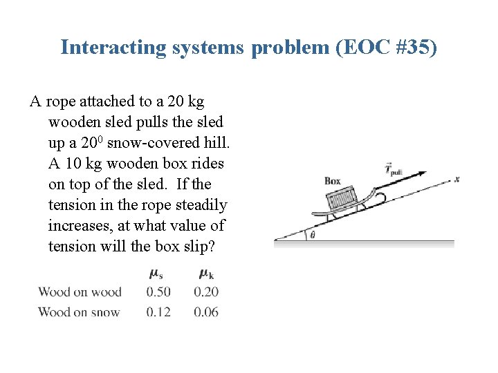 Interacting systems problem (EOC #35) A rope attached to a 20 kg wooden sled