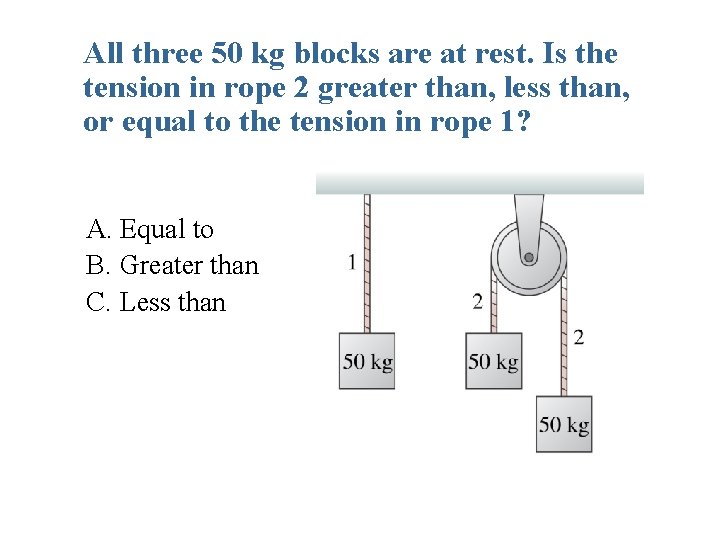 All three 50 kg blocks are at rest. Is the tension in rope 2