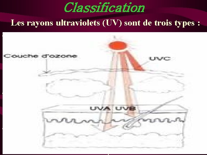 Classification Les rayons ultraviolets (UV) sont de trois types : • Les UV A