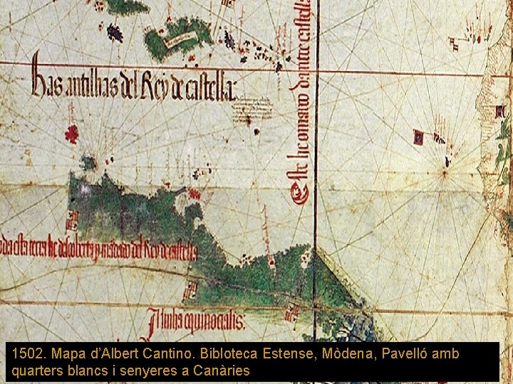 1502. Mapa d’Albert Cantino. Bibloteca Estense, Mòdena, Pavelló amb quarters blancs i senyeres a